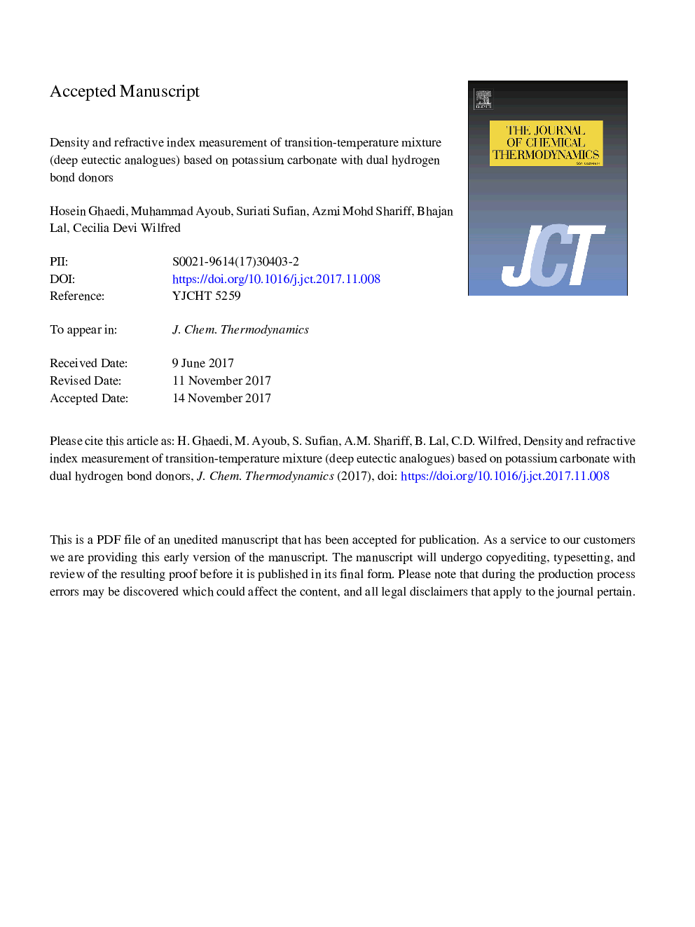 عکس صفحه اول مقاله: Density and refractive index measurements of transition-temperature mixture (deep eutectic analogues) based on potassium carbonate with dual hydrogen bond donors for CO2 capture Density and refractive index measurements of transition-temperature mixture (deep eutectic analogues) based on potassium carbonate with dual hydrogen bond donors for CO2 capture
