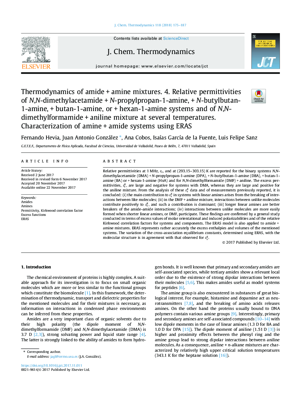 Thermodynamics of amideâ¯+â¯amine mixtures. 4. Relative permittivities of N,N-dimethylacetamideâ¯+â¯N-propylpropan-1-amine,â¯+â¯N-butylbutan-1-amine,â¯+â¯butan-1-amine, orâ¯+â¯hexan-1-amine systems and of N,N-dimethylformamideâ¯+â¯aniline mixt