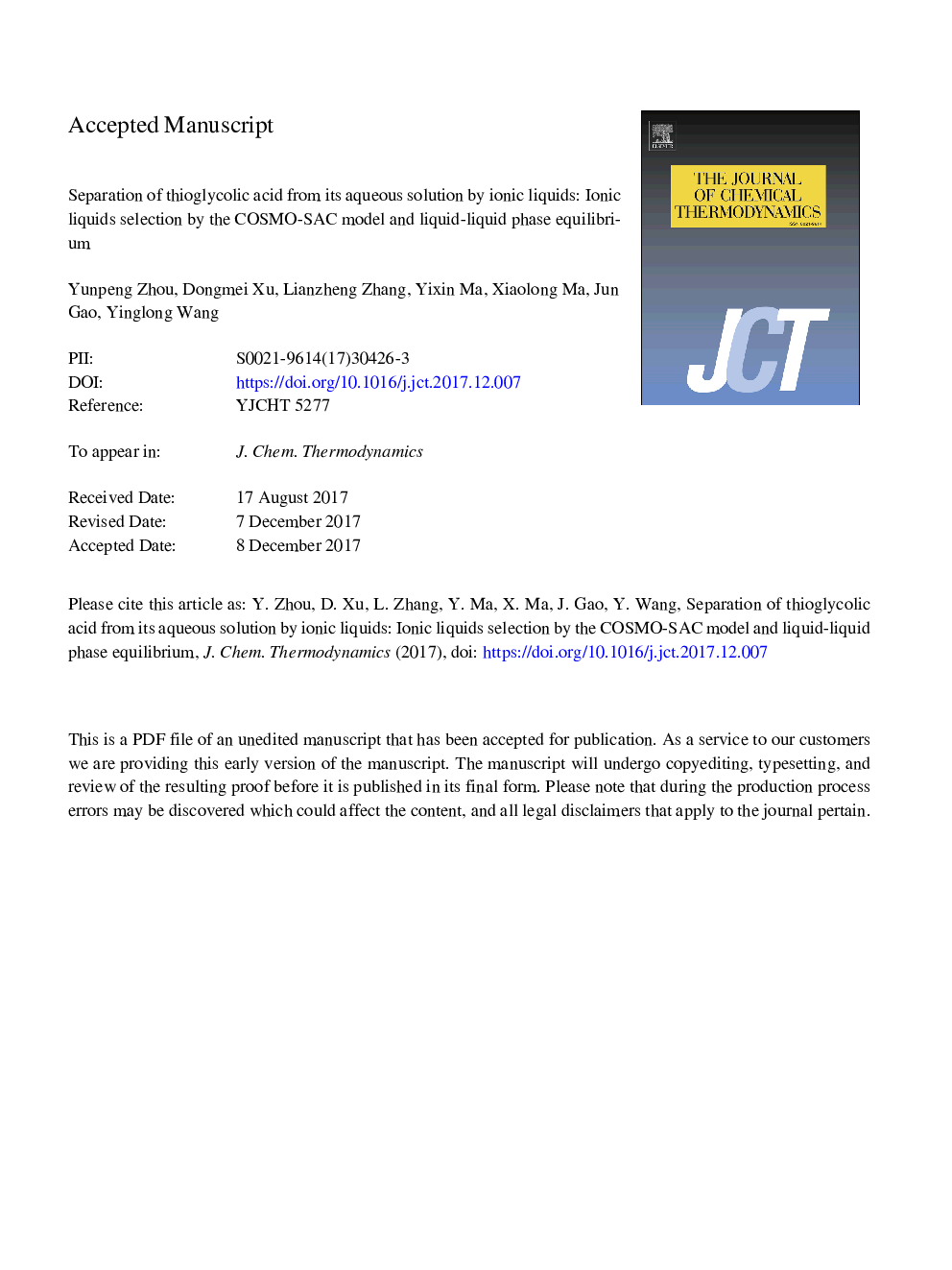 Separation of thioglycolic acid from its aqueous solution by ionic liquids: Ionic liquids selection by the COSMO-SAC model and liquid-liquid phase equilibrium