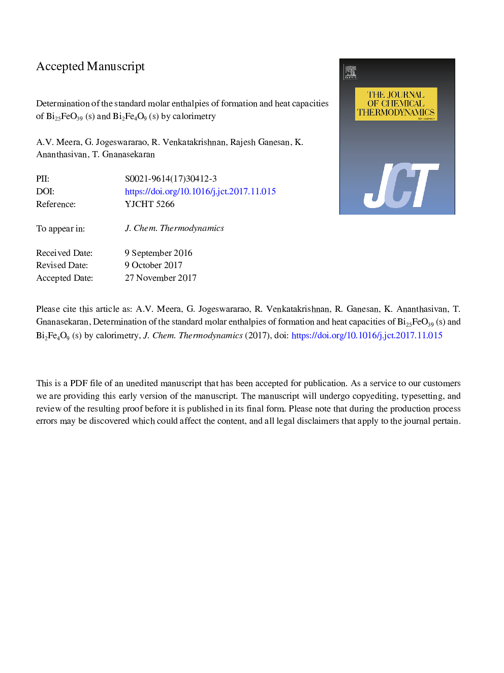 Determination of the standard molar enthalpies of formation and heat capacities of Bi25FeO39 (s) and Bi2Fe4O9 (s) by calorimetry