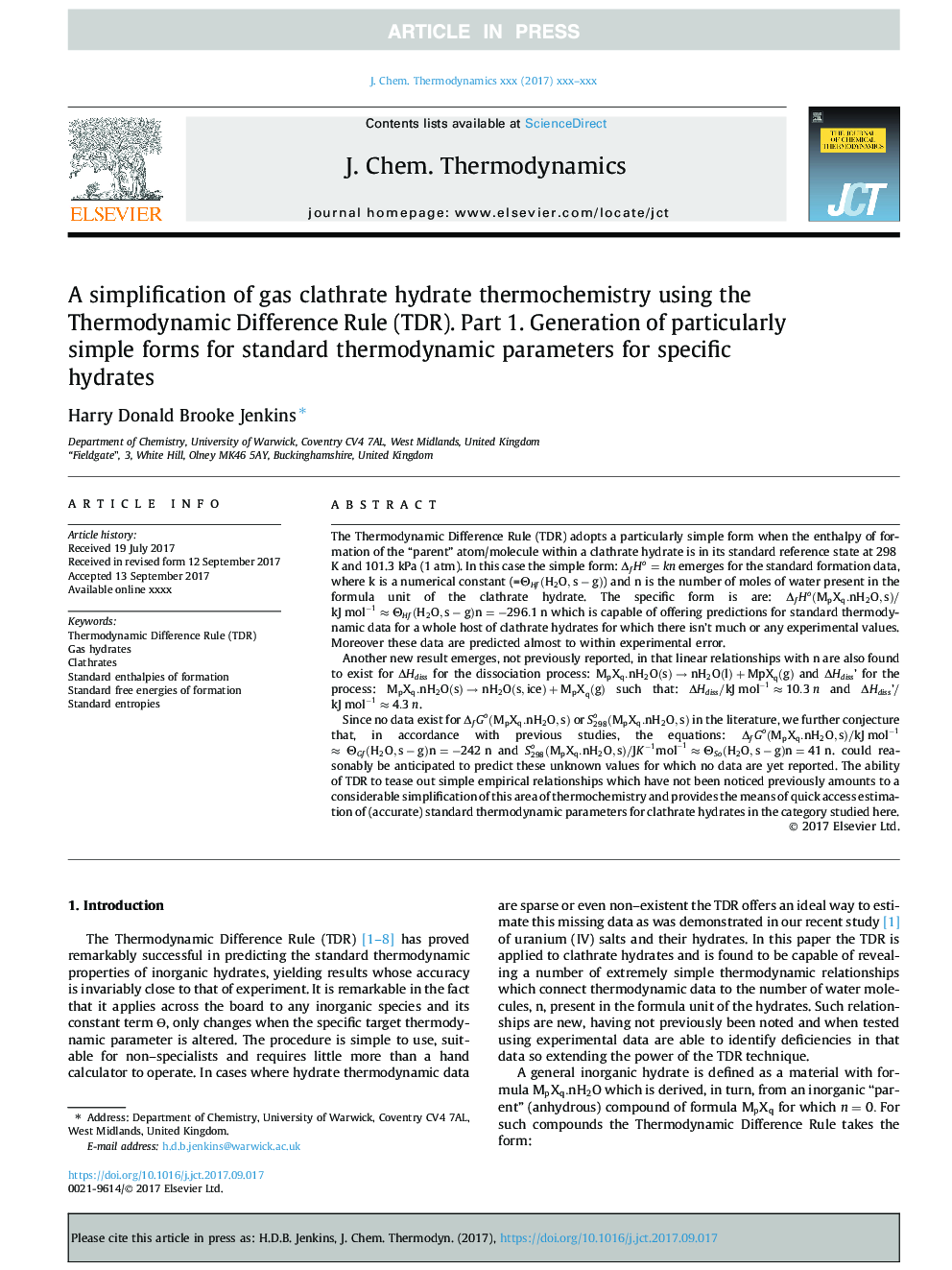 A simplification of gas clathrate hydrate thermochemistry using the Thermodynamic Difference Rule (TDR). Part 1. Generation of particularly simple forms for standard thermodynamic parameters for specific hydrates