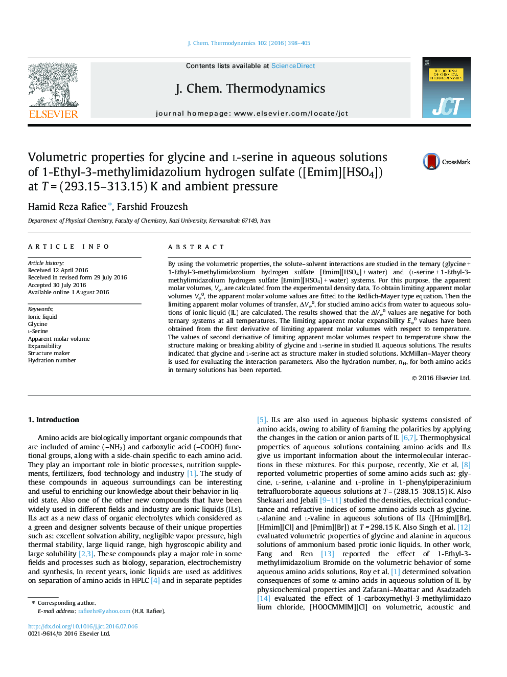 Volumetric properties for glycine and l-serine in aqueous solutions of 1-Ethyl-3-methylimidazolium hydrogen sulfate ([Emim][HSO4]) at TÂ =Â (293.15-313.15)Â K and ambient pressure