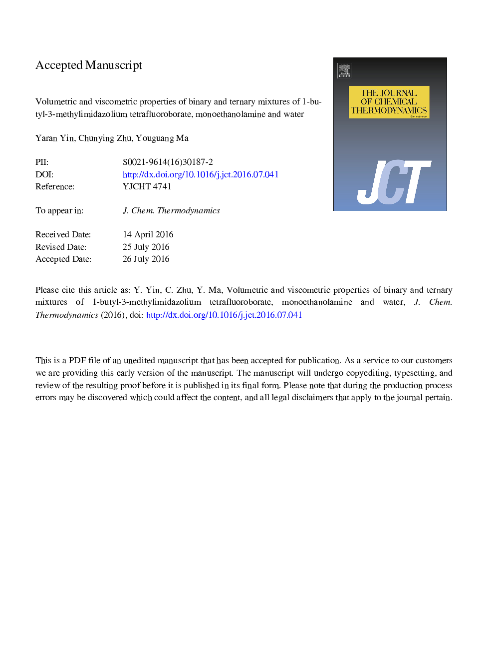 Volumetric and viscometric properties of binary and ternary mixtures of 1-butyl-3-methylimidazolium tetrafluoroborate, monoethanolamine and water