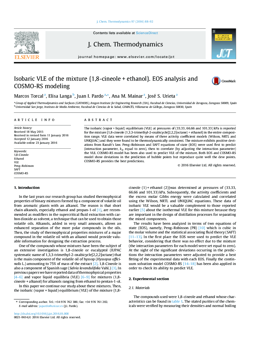 Isobaric VLE of the mixture {1,8-cineoleÂ +Â ethanol}. EOS analysis and COSMO-RS modeling
