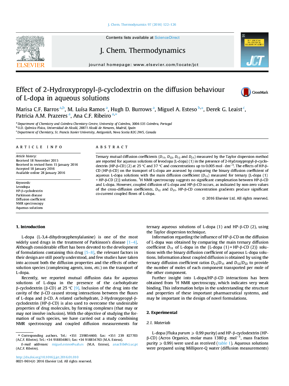 Effect of 2-Hydroxypropyl-Î²-cyclodextrin on the diffusion behaviour of L-dopa in aqueous solutions