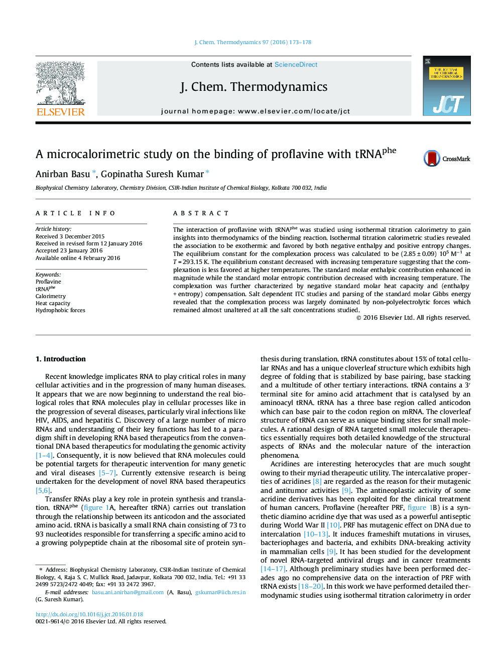 A microcalorimetric study on the binding of proflavine with tRNAphe