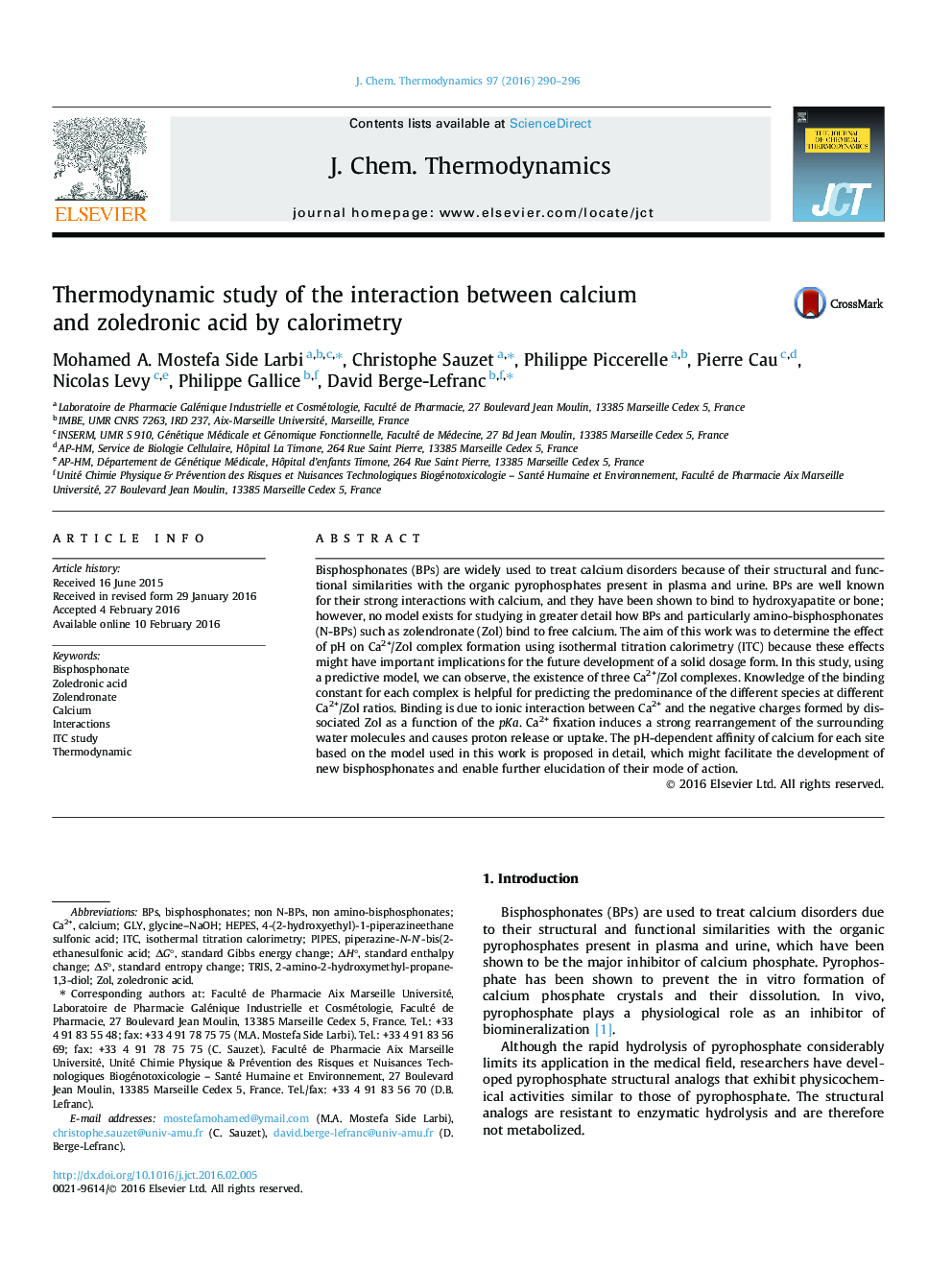 مطالعه ترمودینامیکی تعامل بین کلسیم و زولدرونیک اسید با کالری سنجی 
