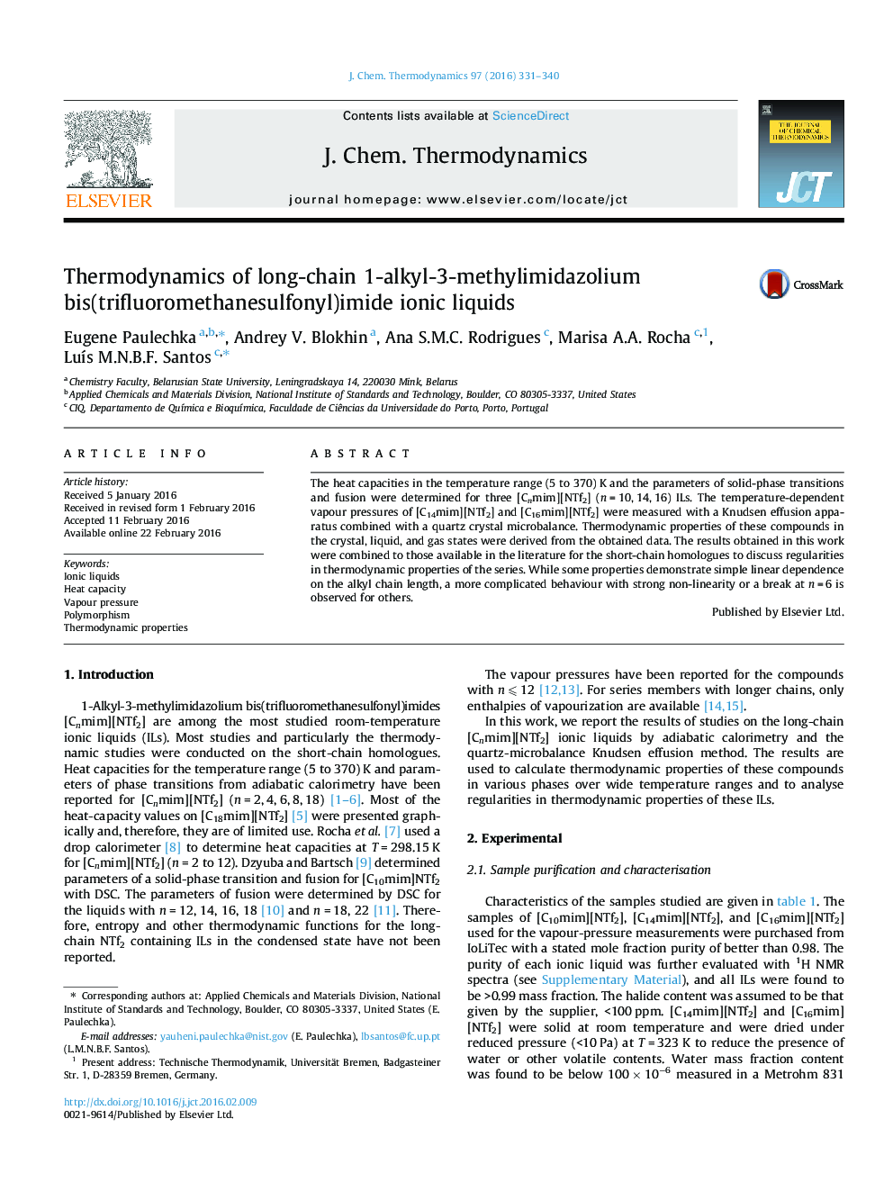 عکس صفحه اول مقاله: Thermodynamics of long-chain 1-alkyl-3-methylimidazolium bis(trifluoromethanesulfonyl)imide ionic liquids Thermodynamics of long-chain 1-alkyl-3-methylimidazolium bis(trifluoromethanesulfonyl)imide ionic liquids