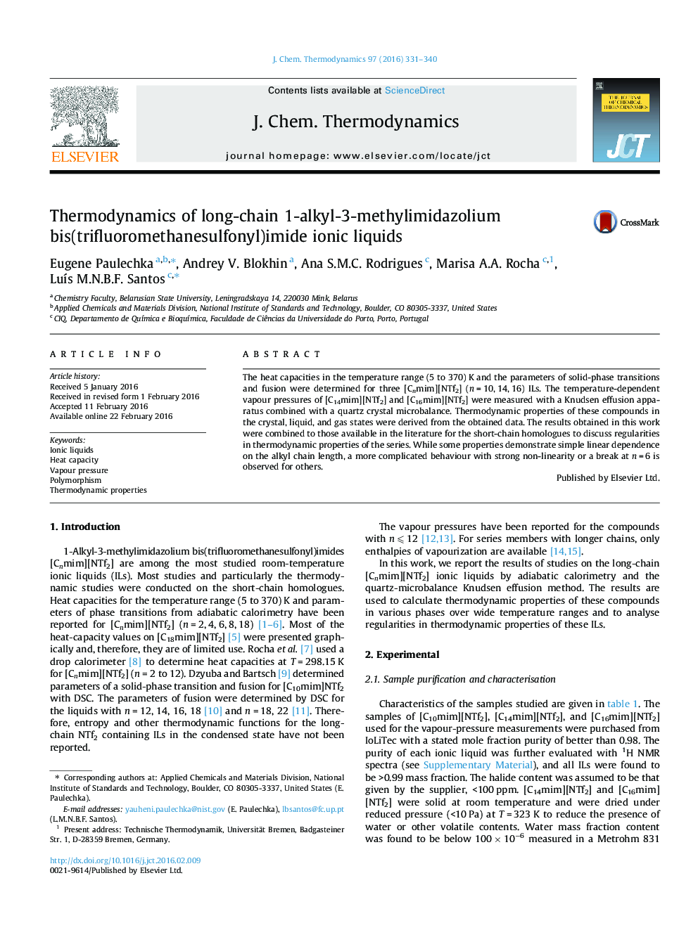 Thermodynamics of long-chain 1-alkyl-3-methylimidazolium bis(trifluoromethanesulfonyl)imide ionic liquids