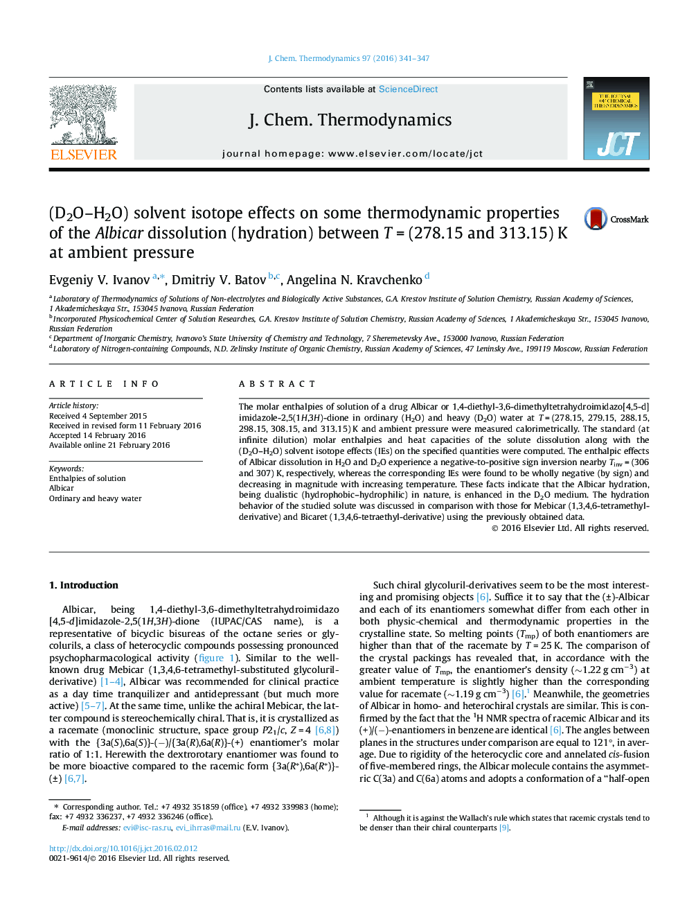 (D2O-H2O) solvent isotope effects on some thermodynamic properties of the Albicar dissolution (hydration) between TÂ =Â (278.15 and 313.15)Â K at ambient pressure