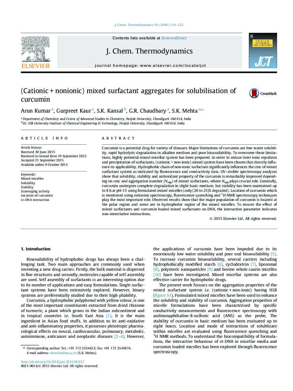 (CationicÂ +Â nonionic) mixed surfactant aggregates for solubilisation of curcumin