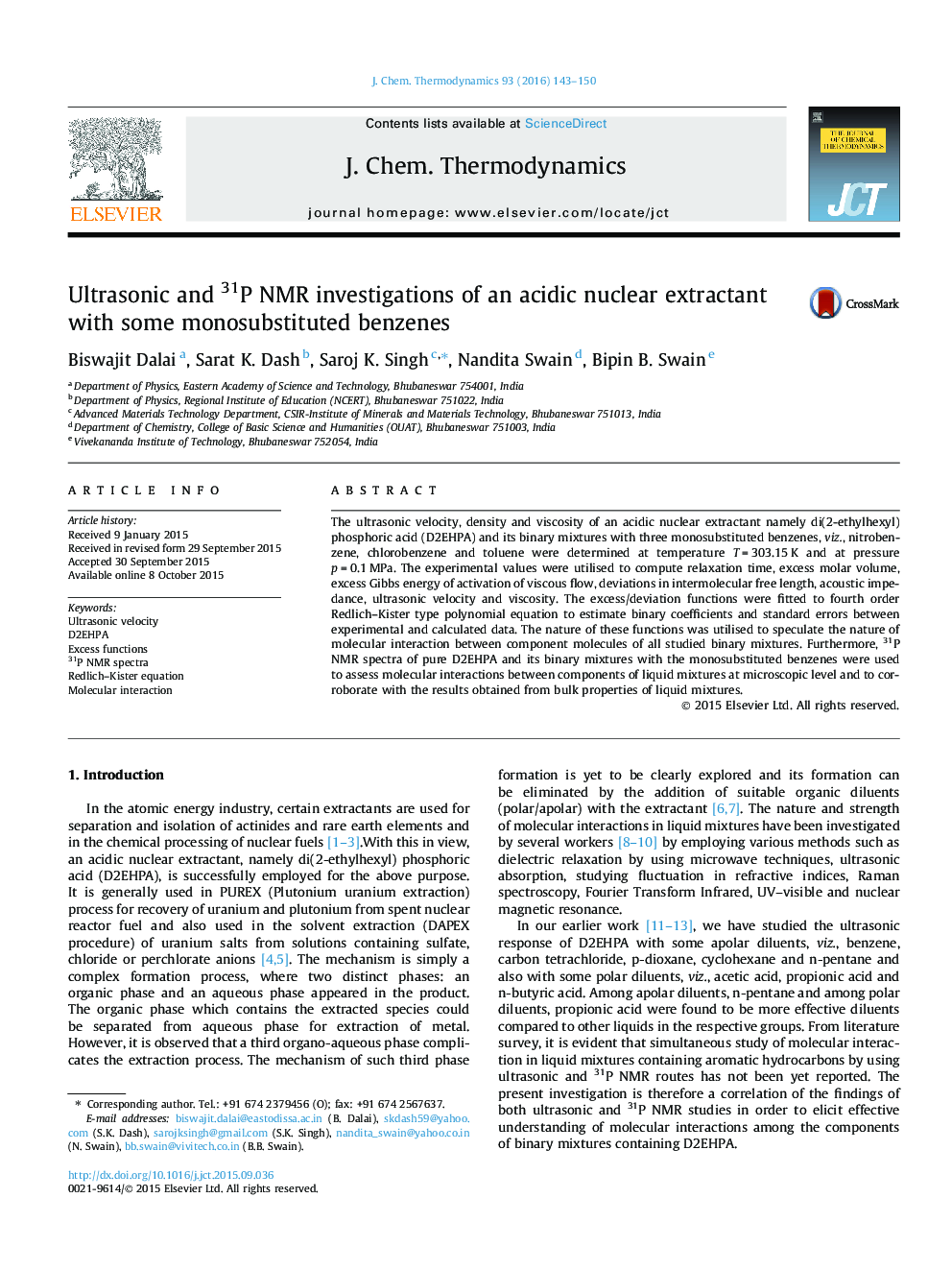 Ultrasonic and 31P NMR investigations of an acidic nuclear extractant with some monosubstituted benzenes