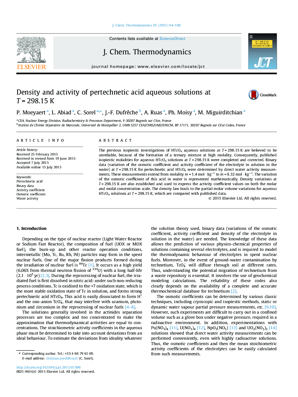 Density and activity of pertechnetic acid aqueous solutions at TÂ =Â 298.15Â K