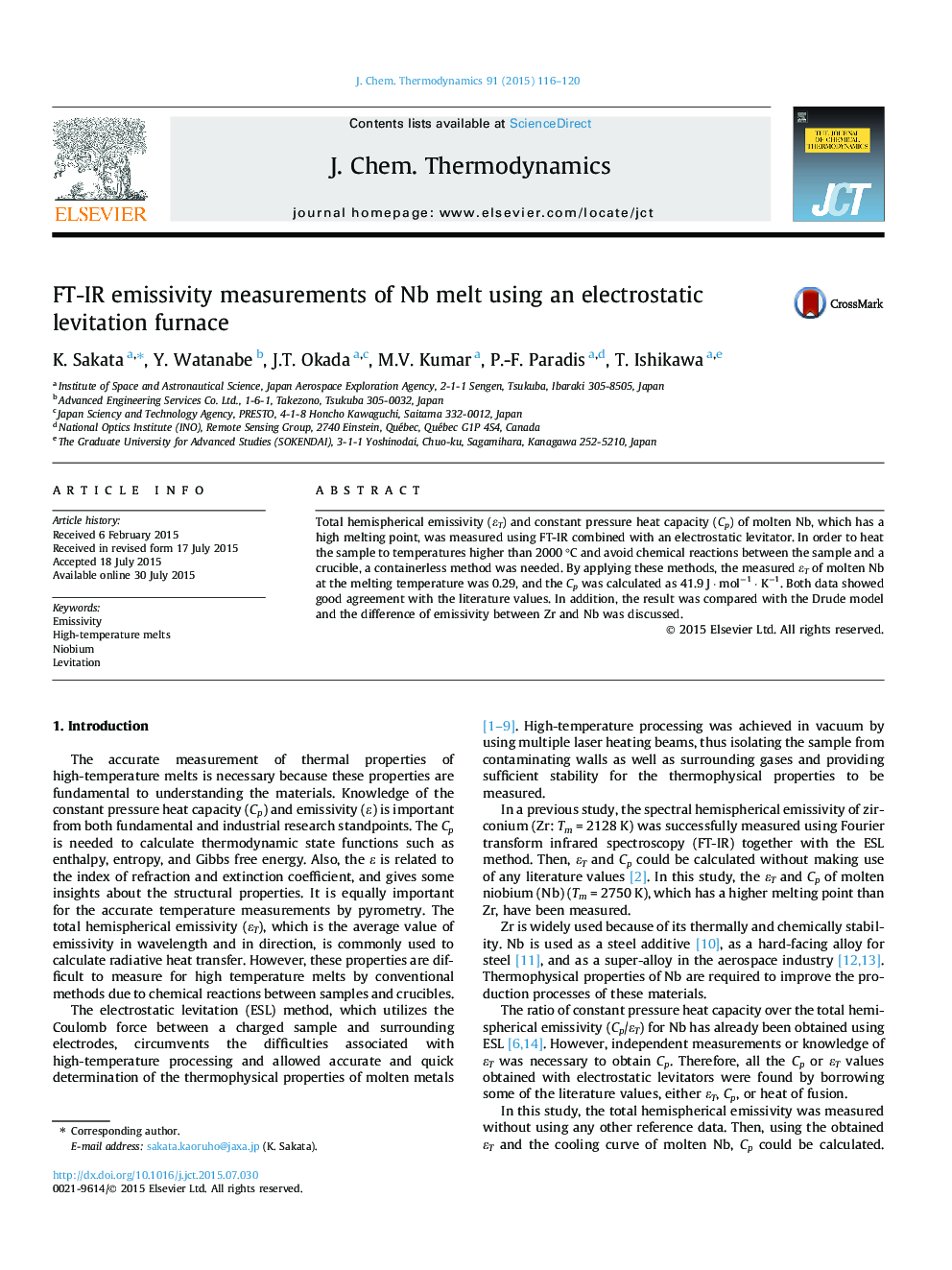 FT-IR emissivity measurements of Nb melt using an electrostatic levitation furnace