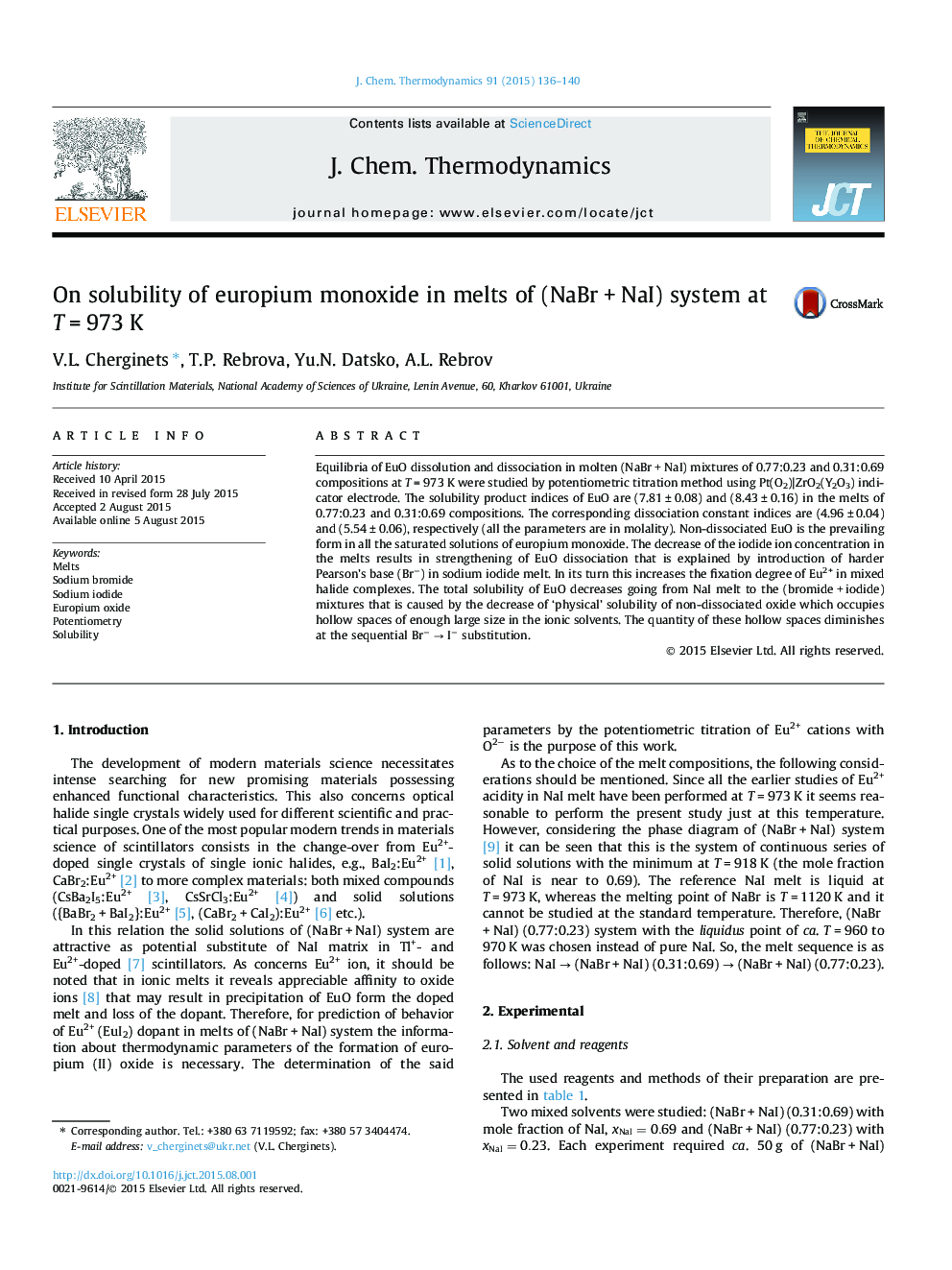 On solubility of europium monoxide in melts of (NaBrÂ +Â NaI) system at TÂ =Â 973Â K