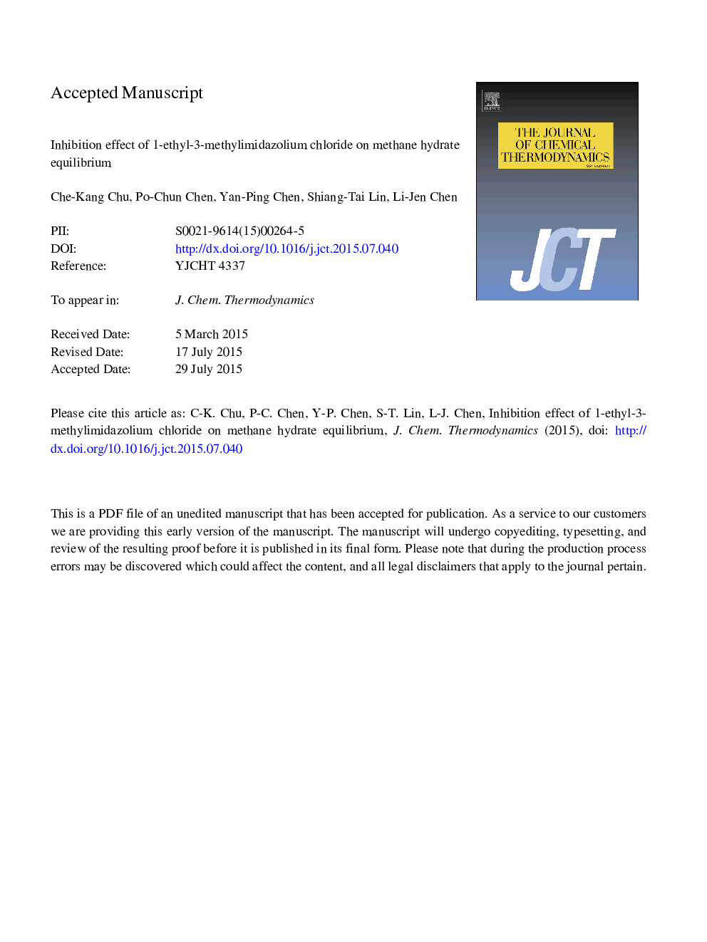 Inhibition effect of 1-ethyl-3-methylimidazolium chloride on methane hydrate equilibrium