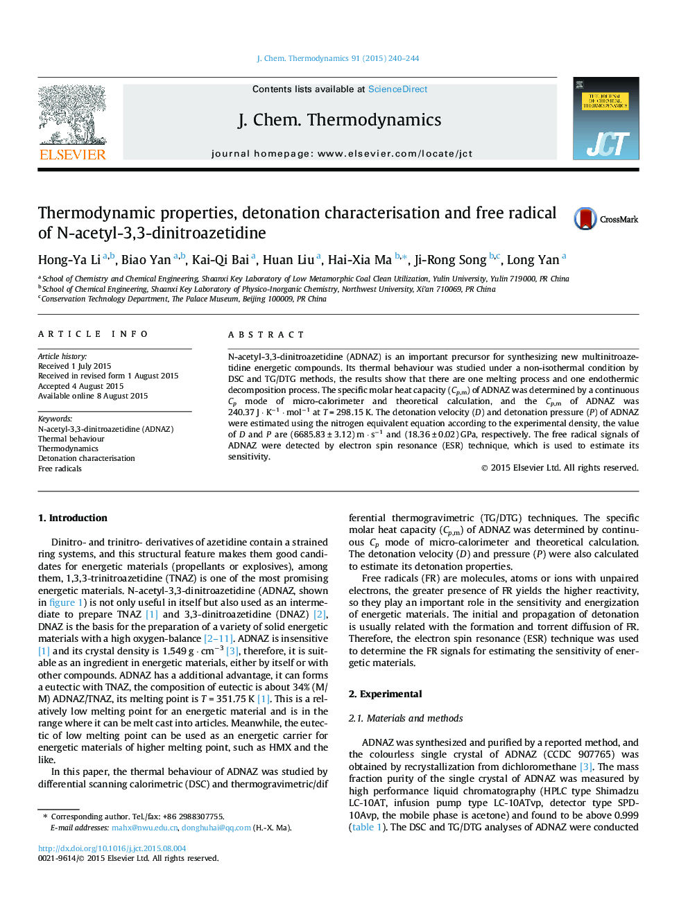 Thermodynamic properties, detonation characterisation and free radical of N-acetyl-3,3-dinitroazetidine