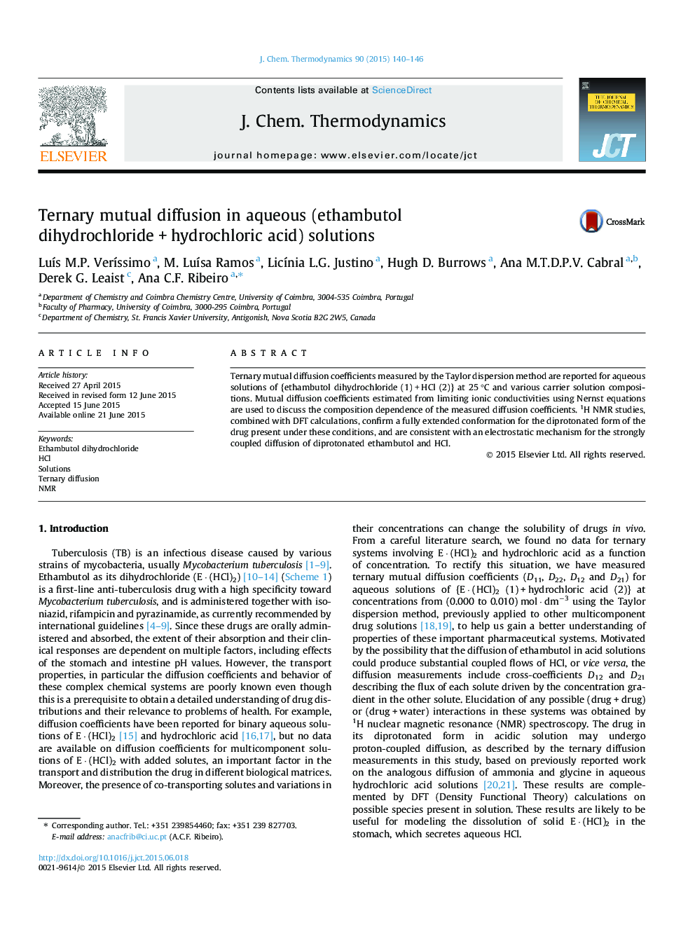 Ternary mutual diffusion in aqueous (ethambutol dihydrochlorideÂ +Â hydrochloric acid) solutions