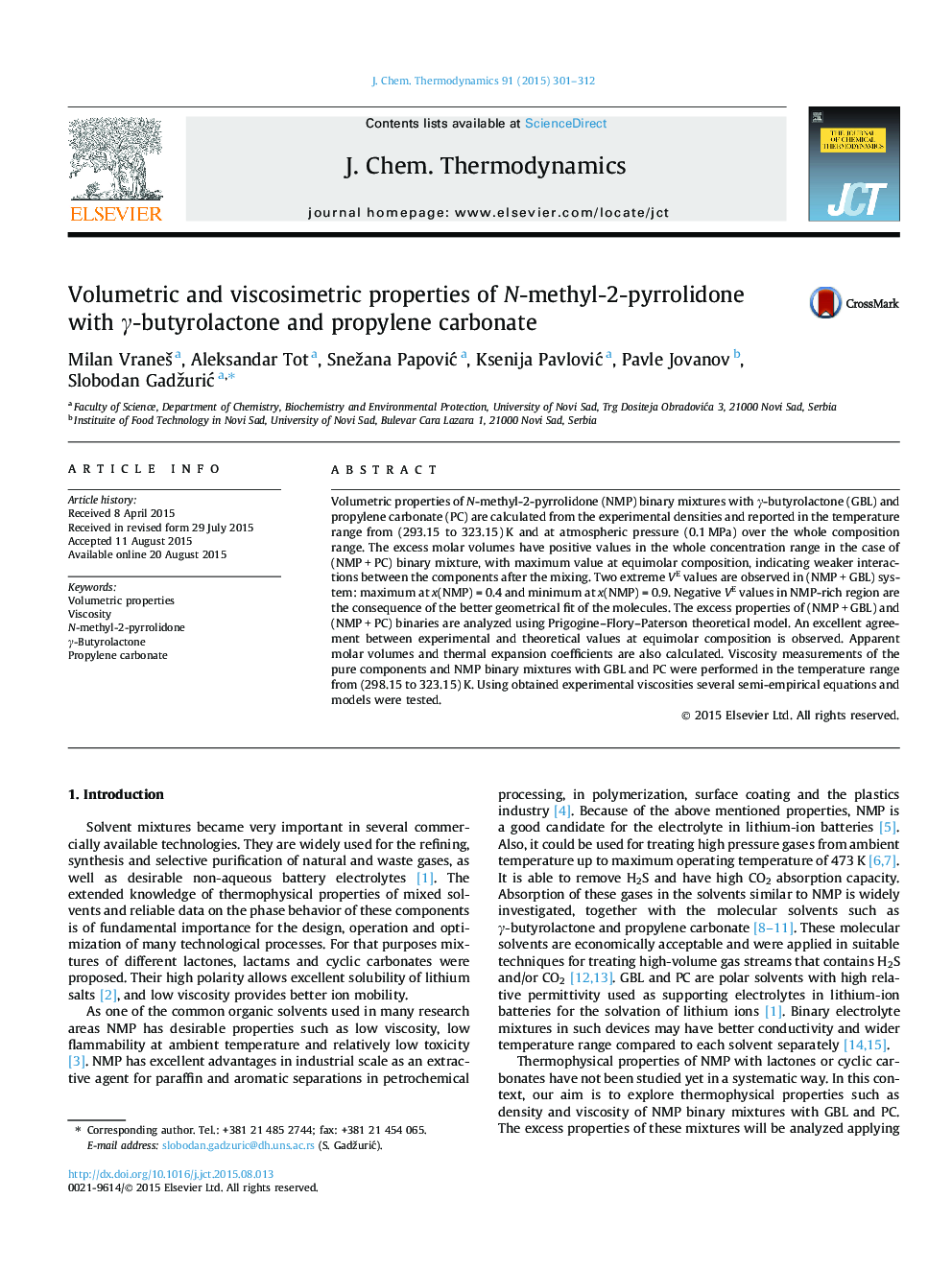Volumetric and viscosimetric properties of N-methyl-2-pyrrolidone with Î³-butyrolactone and propylene carbonate