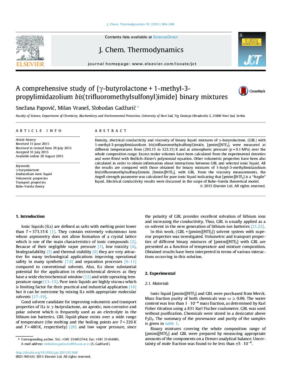 A comprehensive study of {Î³-butyrolactoneÂ +Â 1-methyl-3-propylimidazolium bis(trifluoromethylsulfonyl)imide} binary mixtures