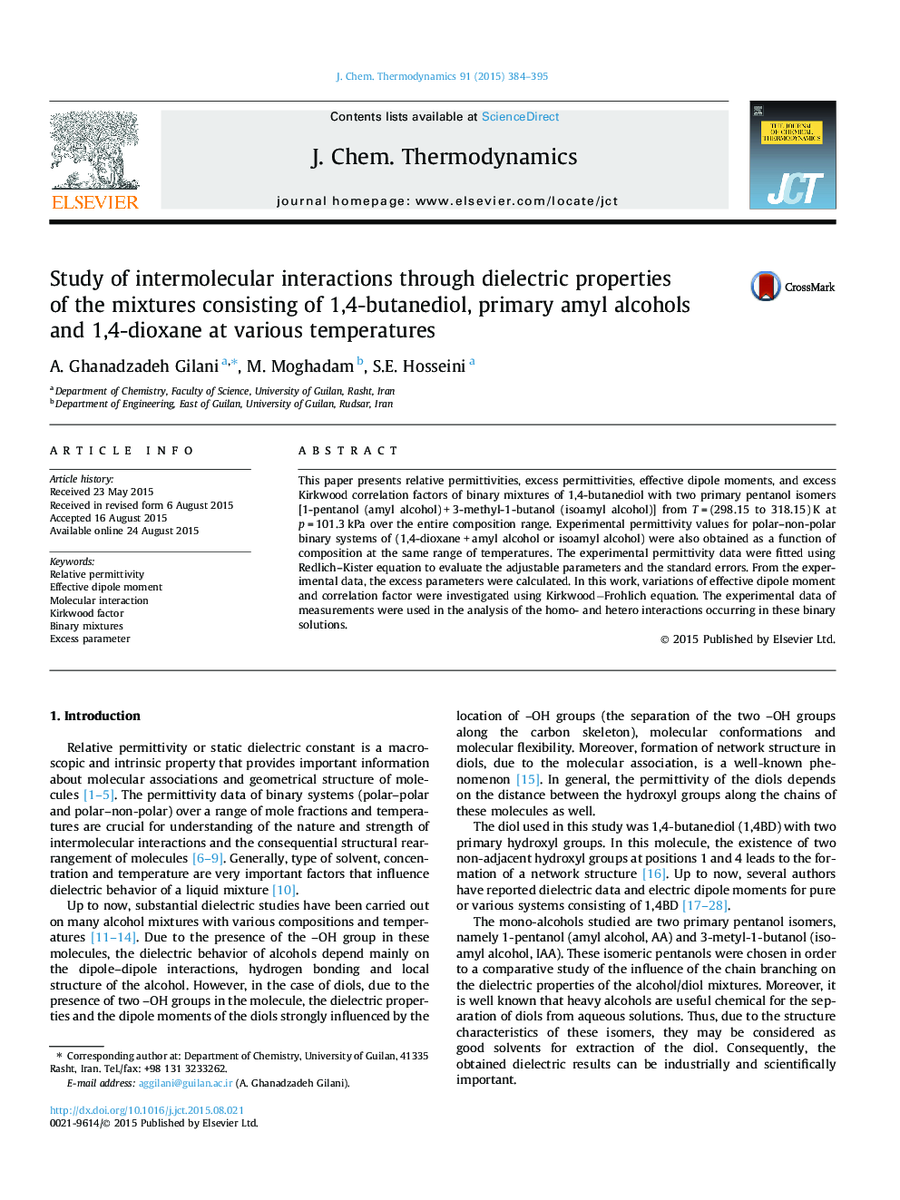 Study of intermolecular interactions through dielectric properties of the mixtures consisting of 1,4-butanediol, primary amyl alcohols and 1,4-dioxane at various temperatures