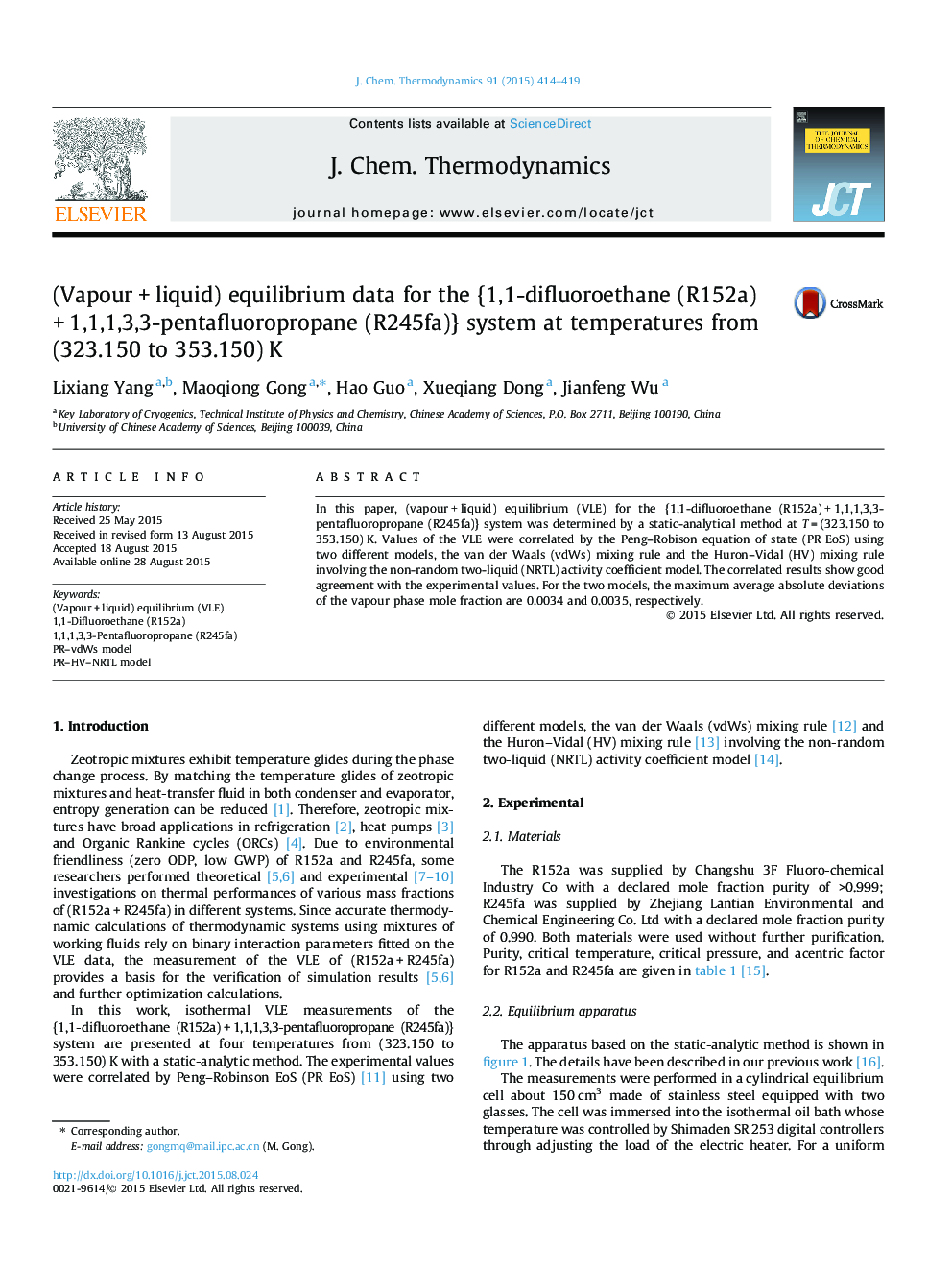 (VapourÂ +Â liquid) equilibrium data for the {1,1-difluoroethane (R152a)Â +Â 1,1,1,3,3-pentafluoropropane (R245fa)} system at temperatures from (323.150 to 353.150)Â K
