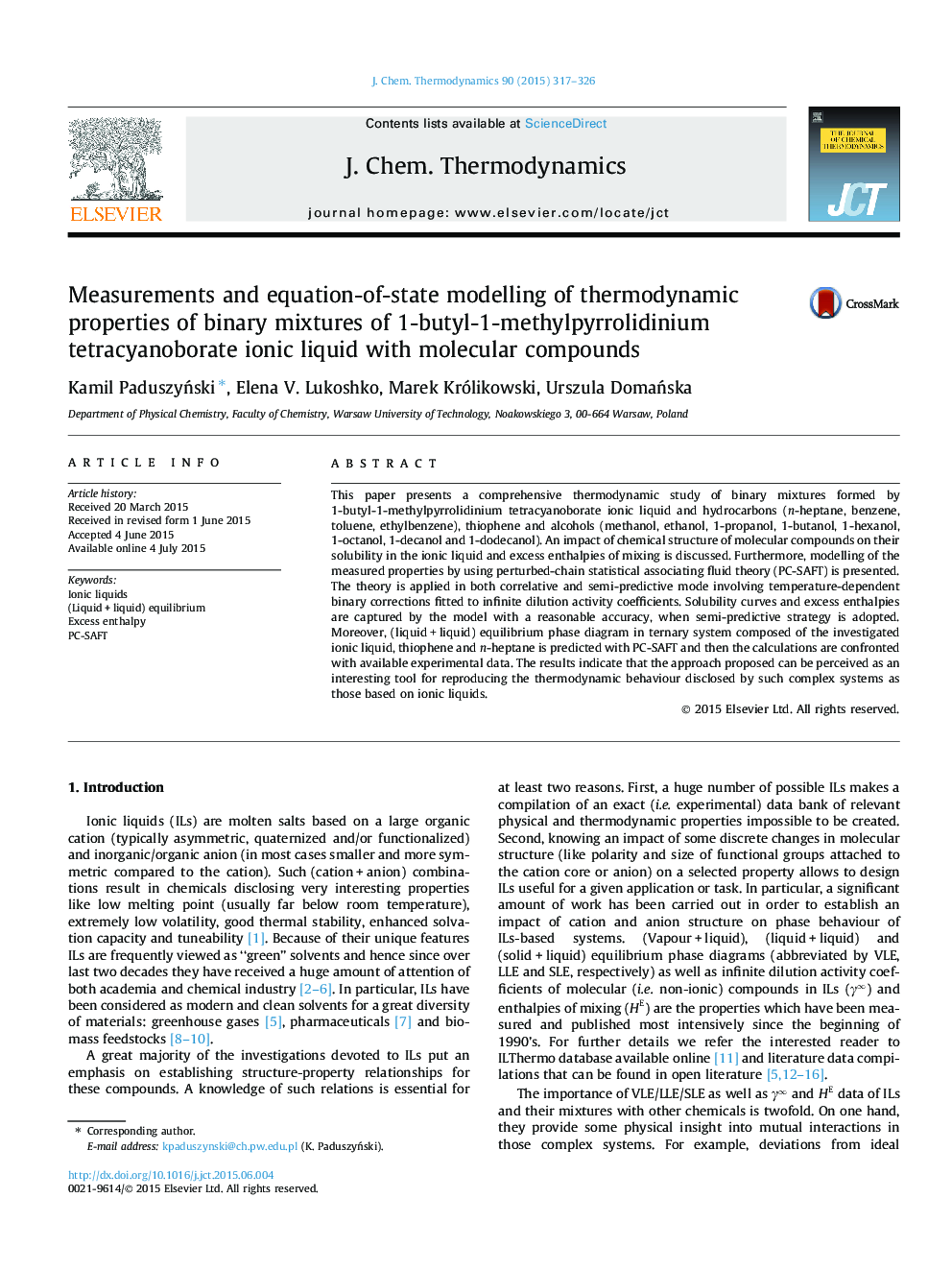 Measurements and equation-of-state modelling of thermodynamic properties of binary mixtures of 1-butyl-1-methylpyrrolidinium tetracyanoborate ionic liquid with molecular compounds