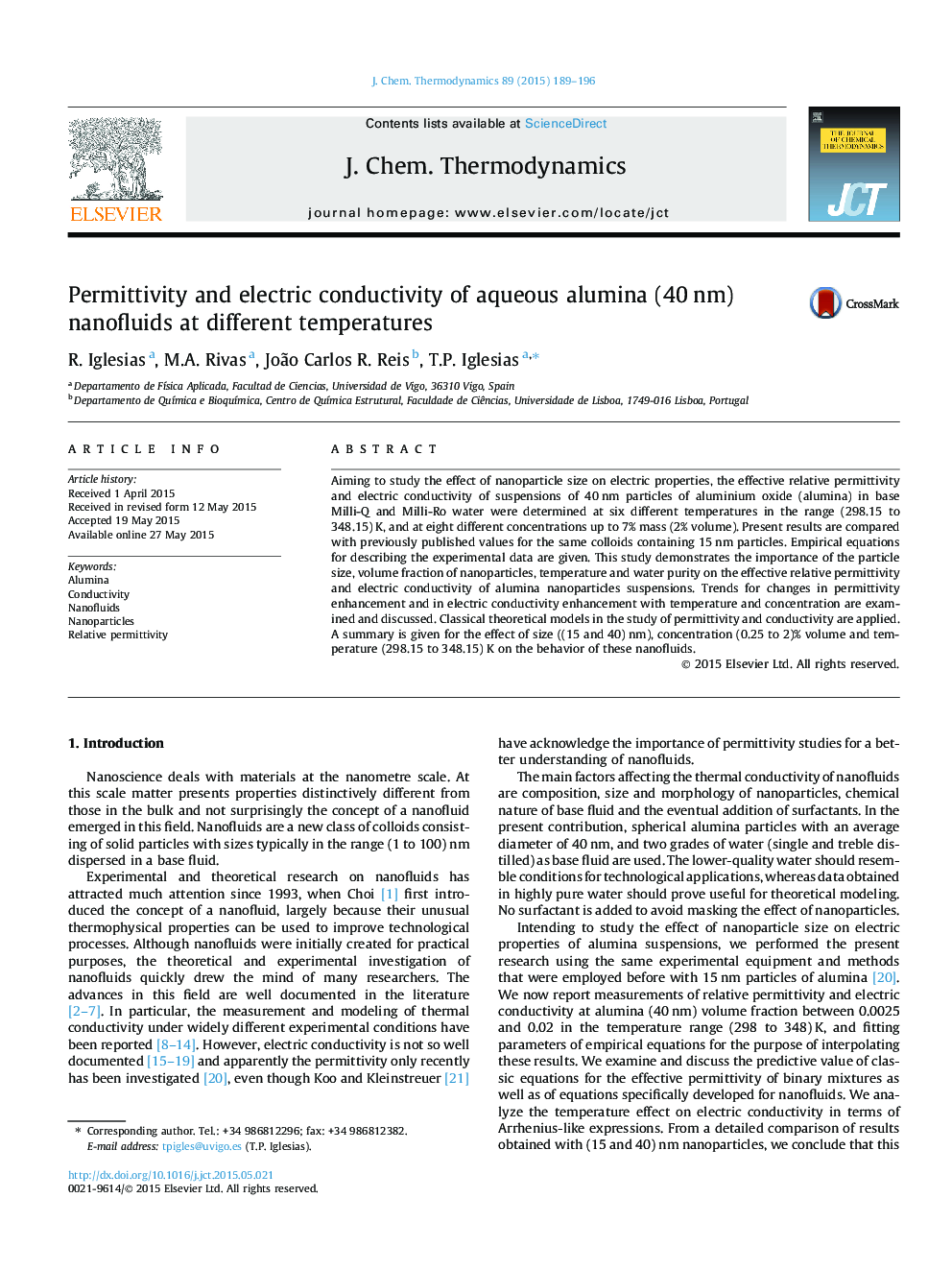 Permittivity and electric conductivity of aqueous alumina (40Â nm) nanofluids at different temperatures