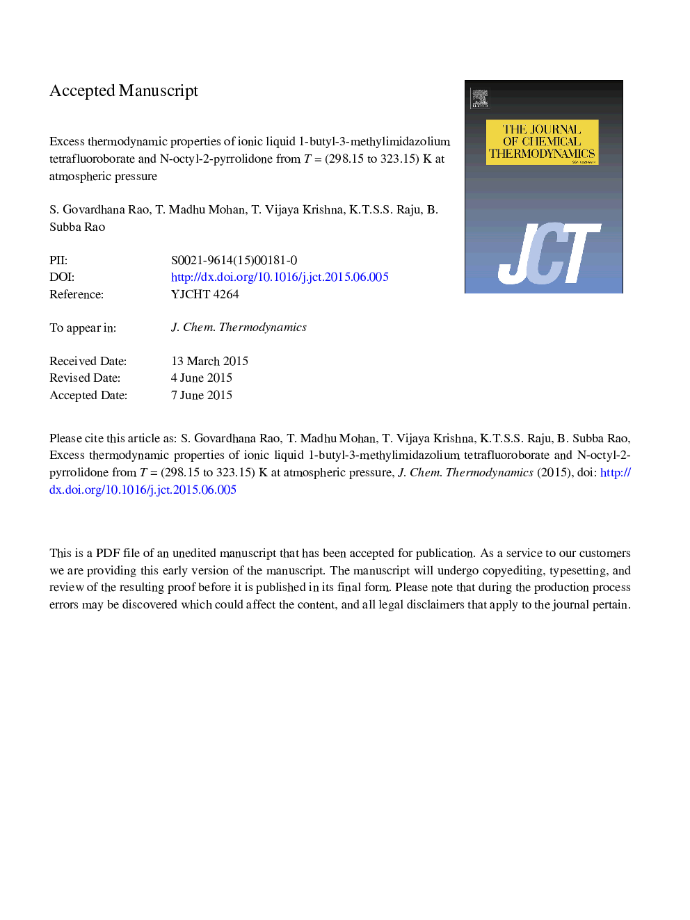 Excess thermodynamic properties of ionic liquid 1-butyl-3-methylimidazolium tetrafluoroborate and N-octyl-2-pyrrolidone from TÂ =Â (298.15 to 323.15)Â K at atmospheric pressure