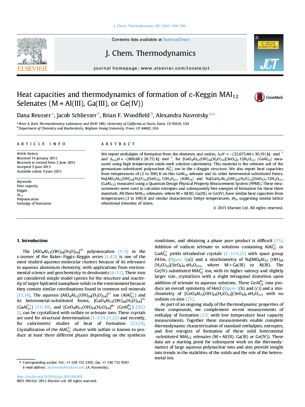 Heat capacities and thermodynamics of formation of Îµ-Keggin MAl12 Selenates (MÂ =Â Al(III), Ga(III), or Ge(IV))