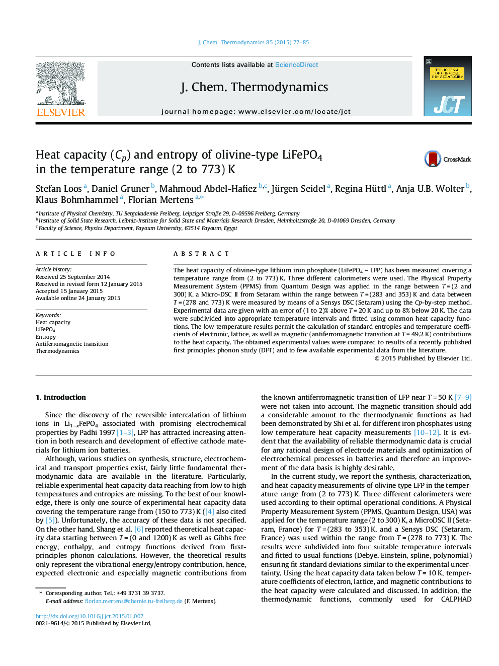 Heat capacity (Cp) and entropy of olivine-type LiFePO4 in the temperature range (2 to 773)Â K