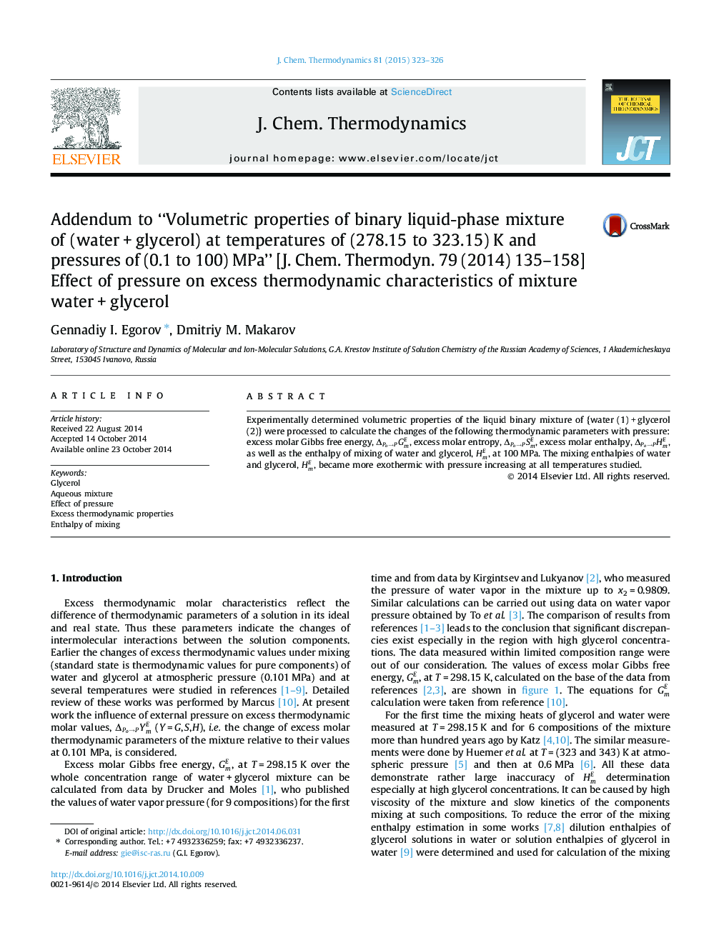 Addendum to “Volumetric properties of binary liquid-phase mixture of (waterÂ +Â glycerol) at temperatures of (278.15 to 323.15)Â K and pressures of (0.1 to 100)Â MPa” [J. Chem. Thermodyn. 79 (2014) 135-158]
