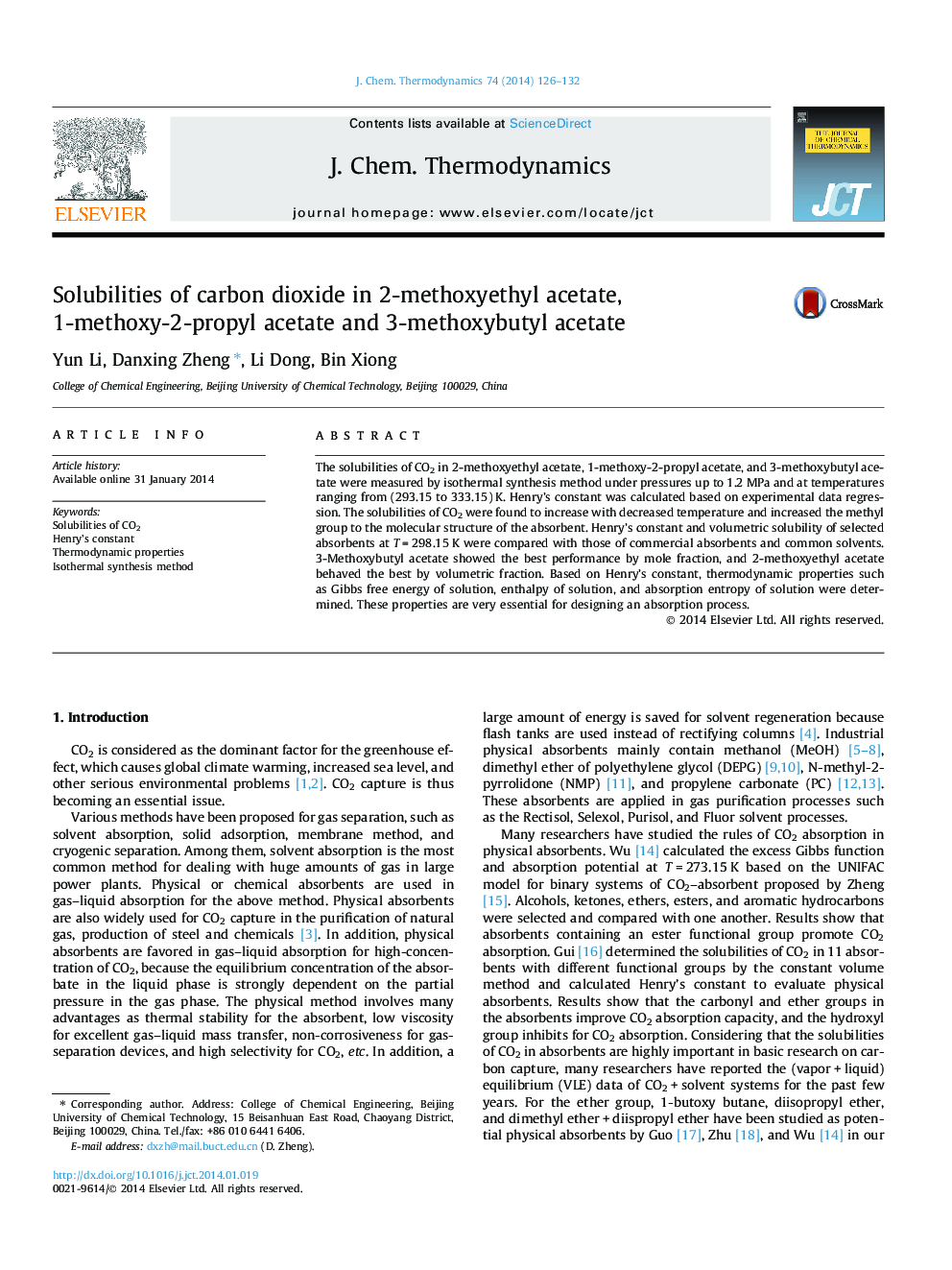 Solubilities of carbon dioxide in 2-methoxyethyl acetate, 1-methoxy-2-propyl acetate and 3-methoxybutyl acetate