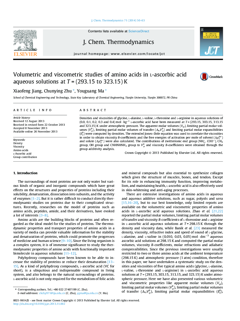 Volumetric and viscometric studies of amino acids in l-ascorbic acid aqueous solutions at TÂ =Â (293.15 to 323.15)Â K