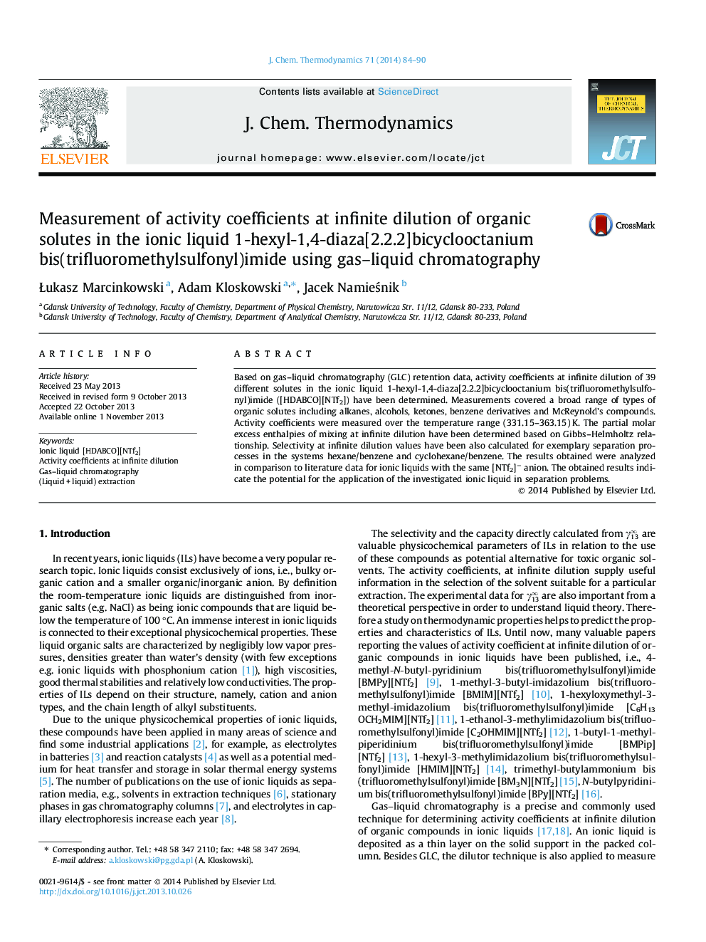 Measurement of activity coefficients at infinite dilution of organic solutes in the ionic liquid 1-hexyl-1,4-diaza[2.2.2]bicyclooctanium bis(trifluoromethylsulfonyl)imide using gas-liquid chromatography