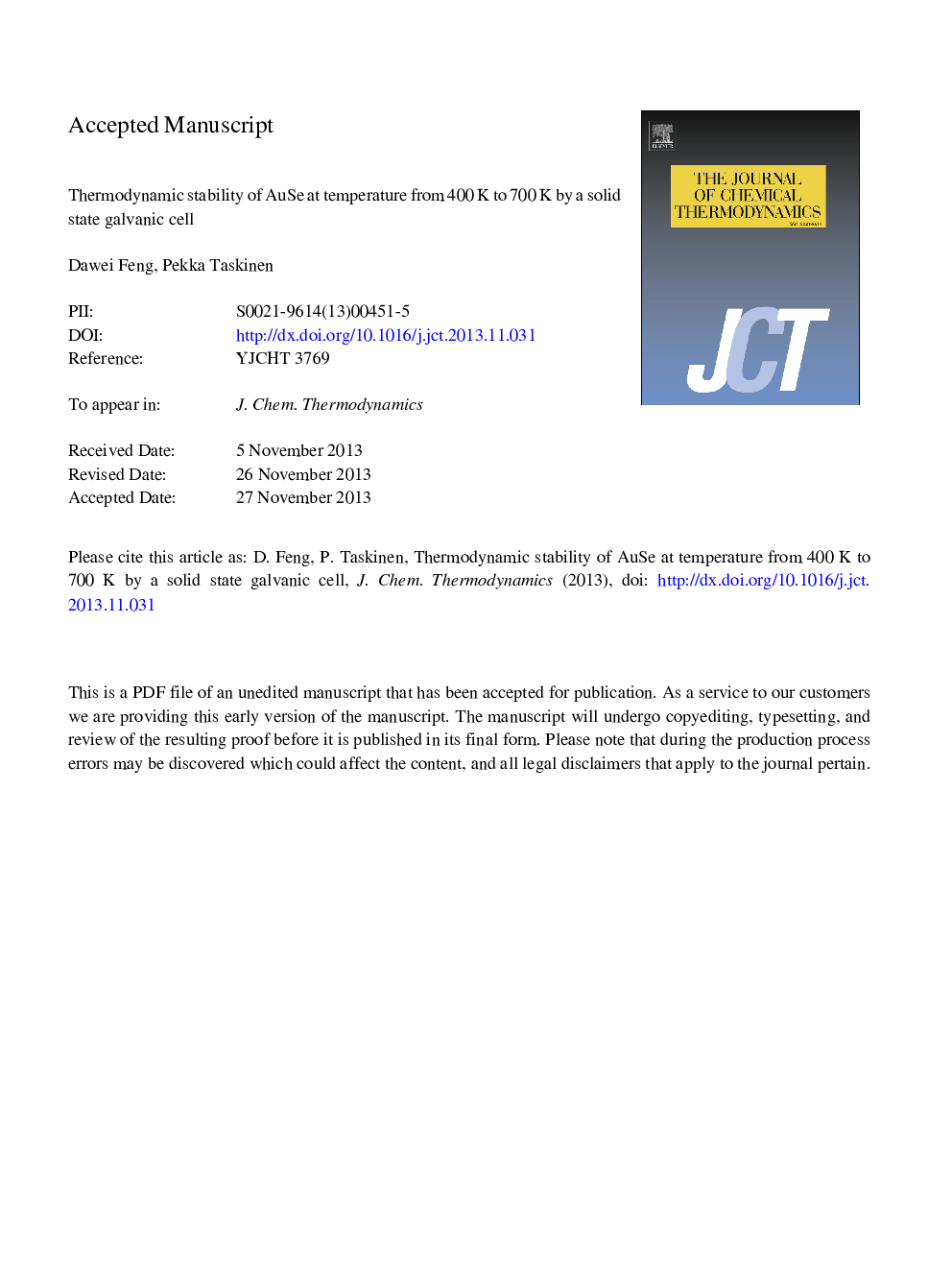 Thermodynamic stability of AuSe at temperature from (400 to 700)Â K by a solid state galvanic cell