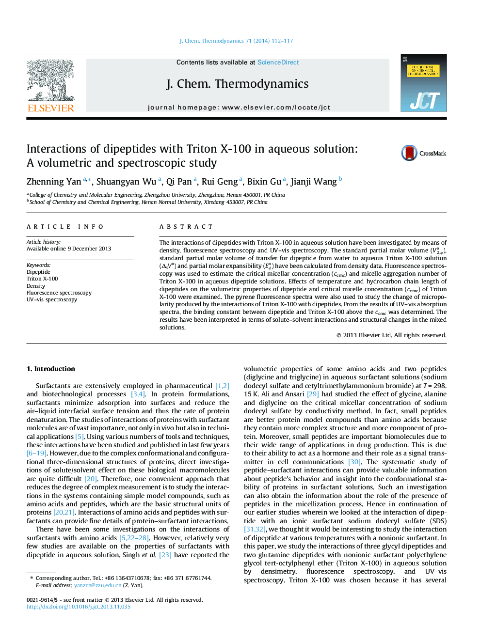 عکس صفحه اول مقاله: Interactions of dipeptides with Triton X-100 in aqueous solution: A volumetric and spectroscopic study Interactions of dipeptides with Triton X-100 in aqueous solution: A volumetric and spectroscopic study
