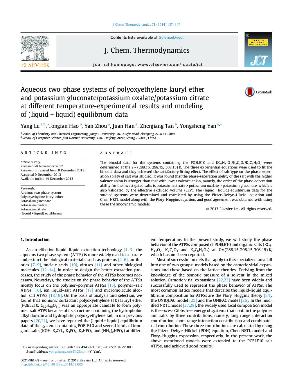 Aqueous two-phase systems of polyoxyethylene lauryl ether and potassium gluconate/potassium oxalate/potassium citrate at different temperature-experimental results and modeling of (liquidÂ +Â liquid) equilibrium data