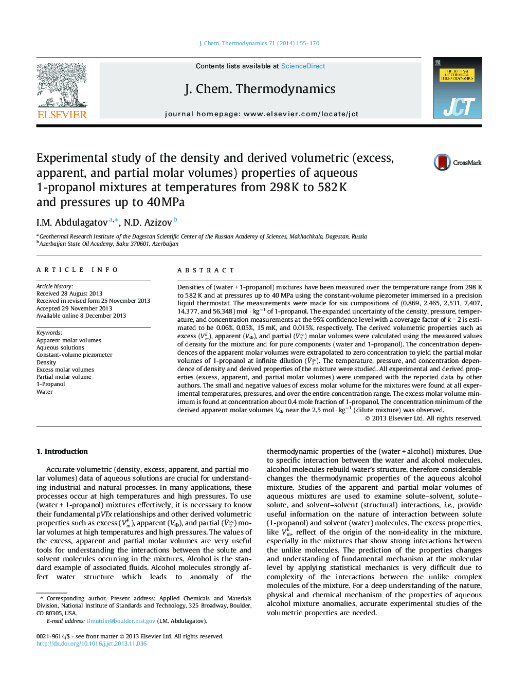 Experimental study of the density and derived volumetric (excess, apparent, and partial molar volumes) properties of aqueous 1-propanol mixtures at temperatures from 298Â K to 582Â K and pressures up to 40Â MPa