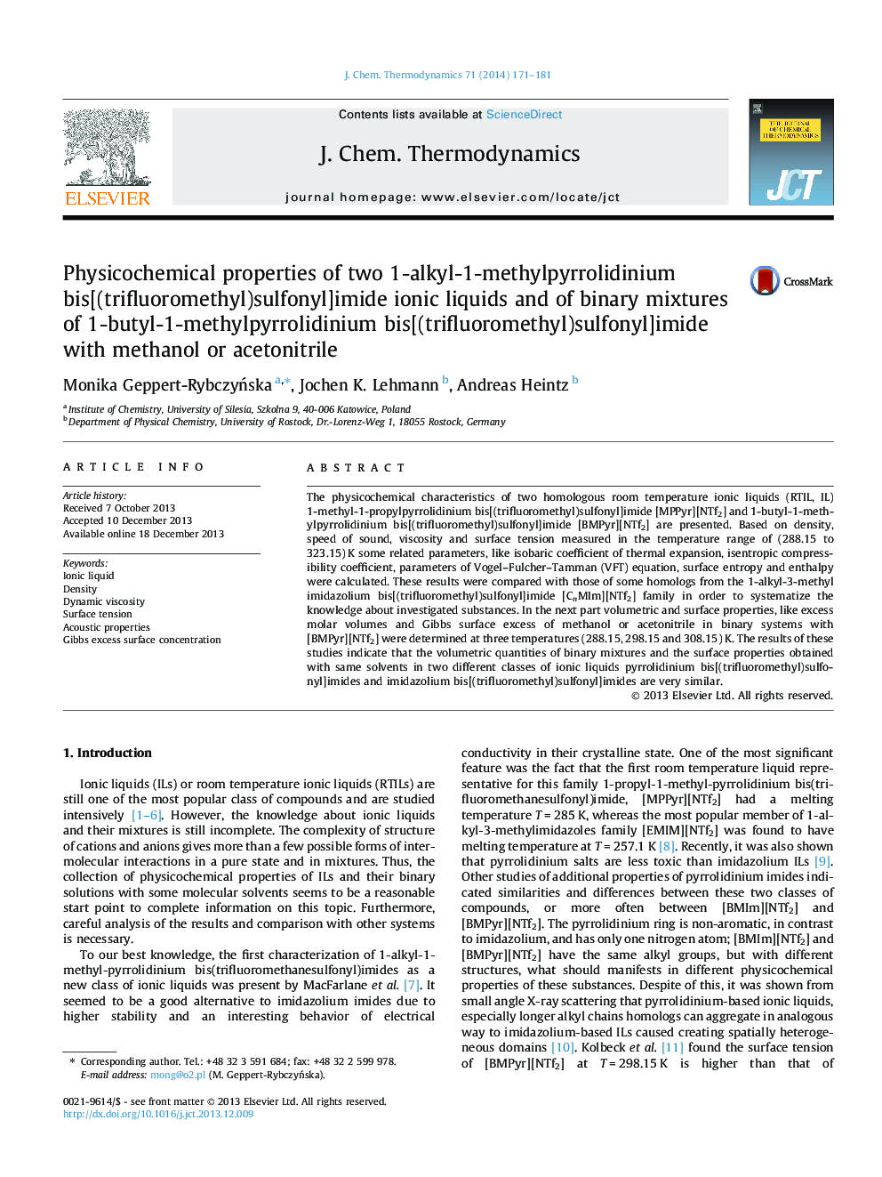 Physicochemical properties of two 1-alkyl-1-methylpyrrolidinium bis[(trifluoromethyl)sulfonyl]imide ionic liquids and of binary mixtures of 1-butyl-1-methylpyrrolidinium bis[(trifluoromethyl)sulfonyl]imide with methanol or acetonitrile