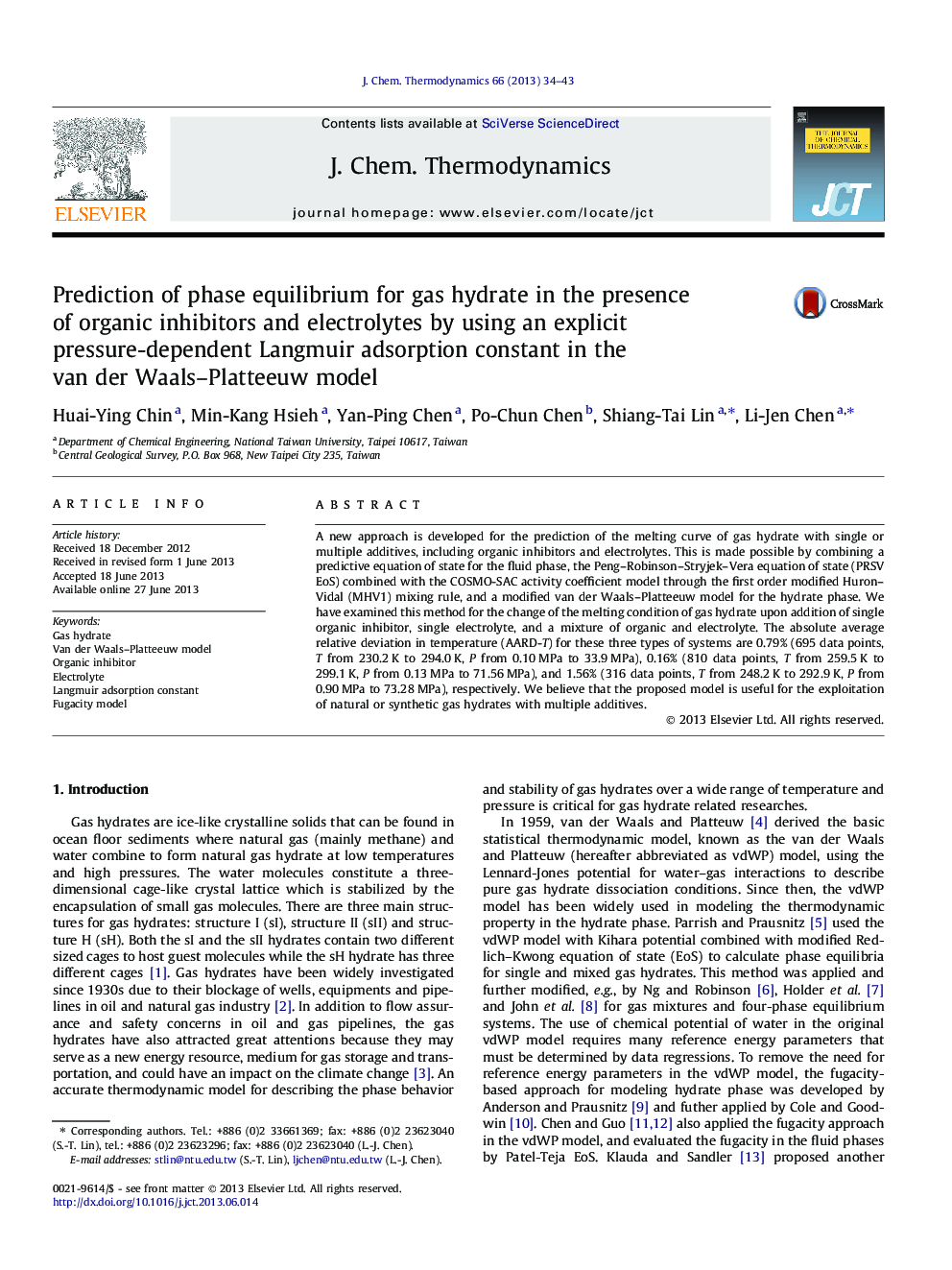 Prediction of phase equilibrium for gas hydrate in the presence of organic inhibitors and electrolytes by using an explicit pressure-dependent Langmuir adsorption constant in the van der Waals-Platteeuw model