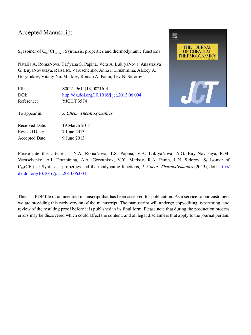 عکس صفحه اول مقاله: S6 Isomer of C60(CF3)12: Synthesis, properties and thermodynamic functions S6 Isomer of C60(CF3)12: Synthesis, properties and thermodynamic functions