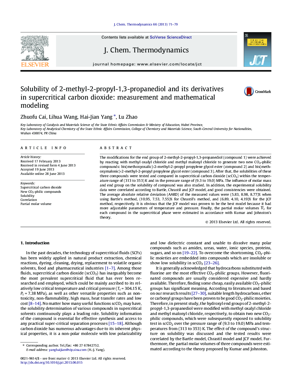 Solubility of 2-methyl-2-propyl-1,3-propanediol and its derivatives in supercritical carbon dioxide: measurement and mathematical modeling