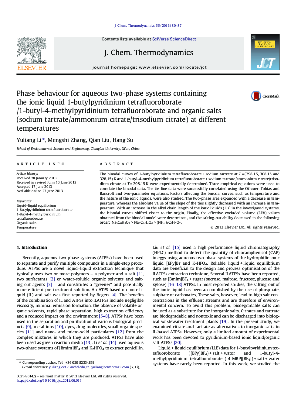 Phase behaviour for aqueous two-phase systems containing the ionic liquid 1-butylpyridinium tetrafluoroborate/1-butyl-4-methylpyridinium tetrafluoroborate and organic salts (sodium tartrate/ammonium citrate/trisodium citrate) at different temperatures