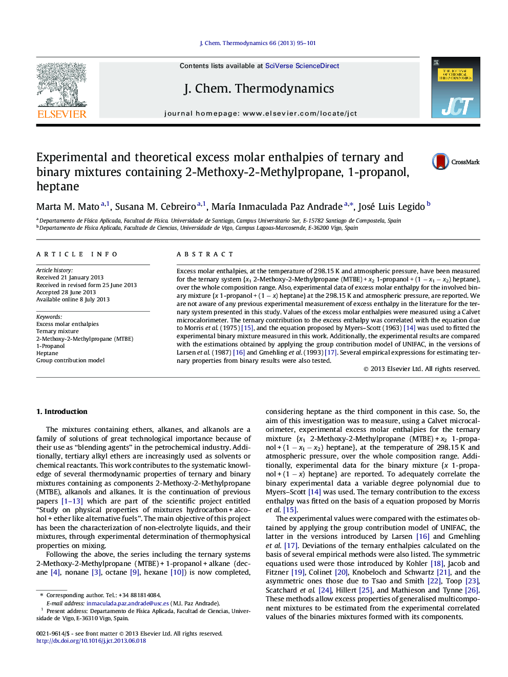 Experimental and theoretical excess molar enthalpies of ternary and binary mixtures containing 2-Methoxy-2-Methylpropane, 1-propanol, heptane