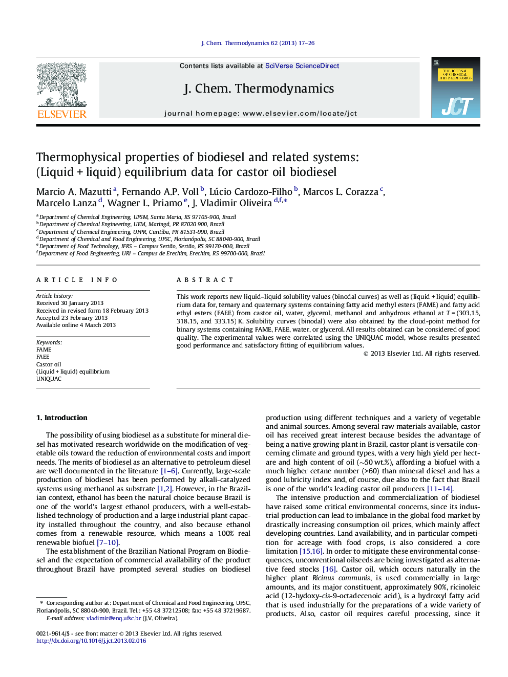 Thermophysical properties of biodiesel and related systems: (LiquidÂ +Â liquid) equilibrium data for castor oil biodiesel