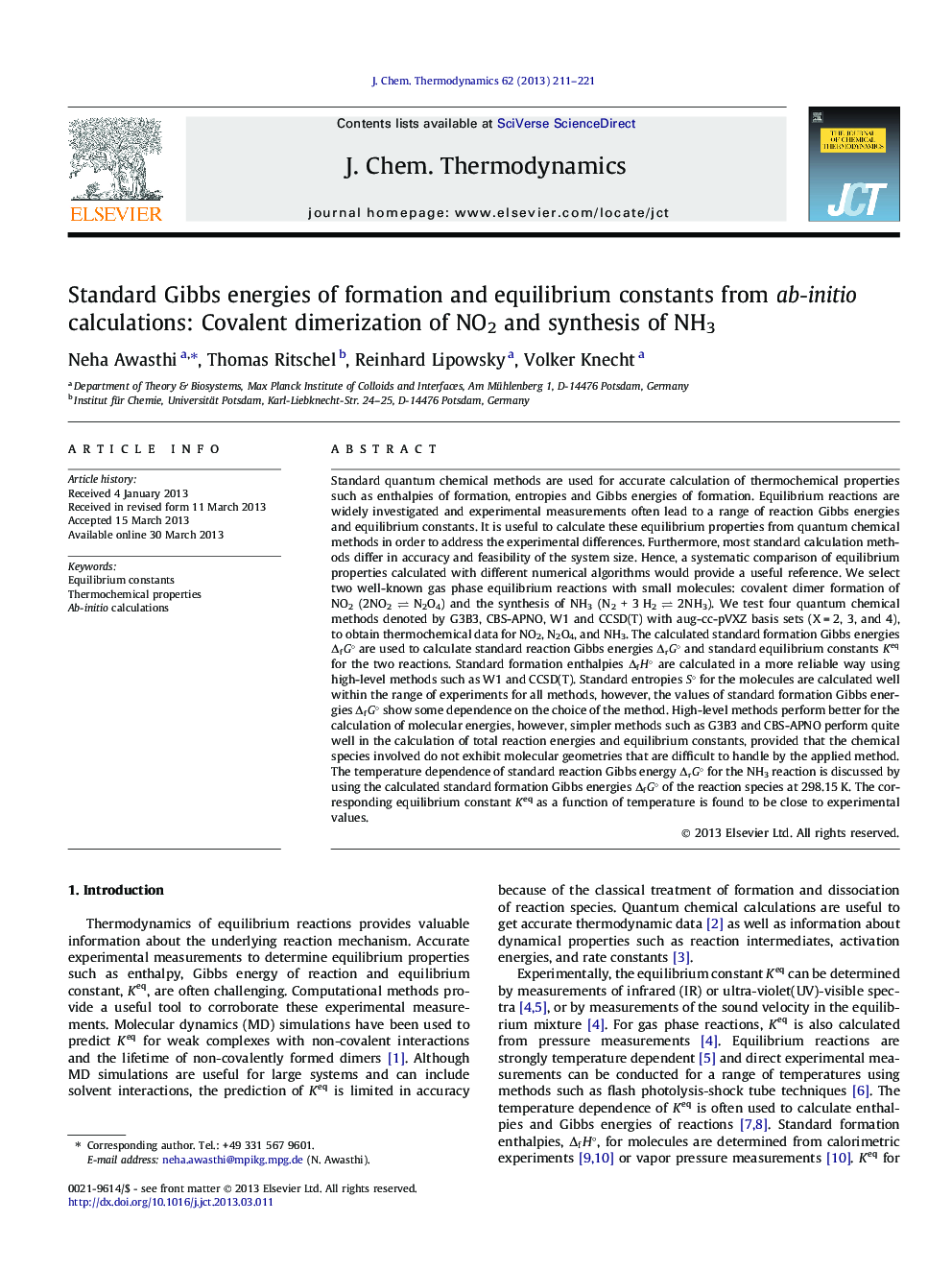 Standard Gibbs energies of formation and equilibrium constants from ab-initio calculations: Covalent dimerization of NO2 and synthesis of NH3