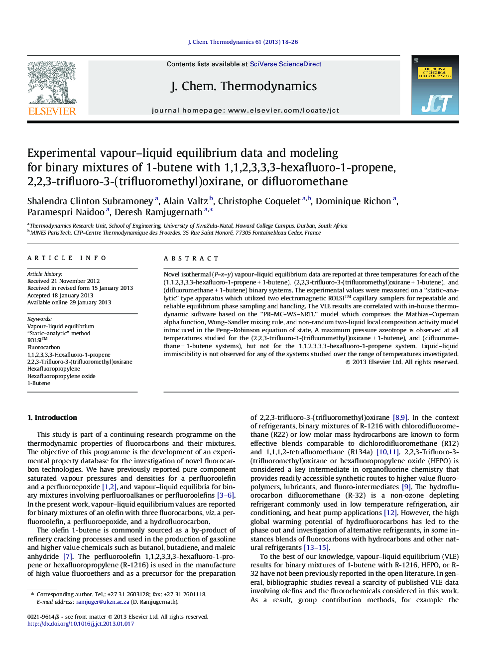 Experimental vapour-liquid equilibrium data and modeling for binary mixtures of 1-butene with 1,1,2,3,3,3-hexafluoro-1-propene, 2,2,3-trifluoro-3-(trifluoromethyl)oxirane, or difluoromethane