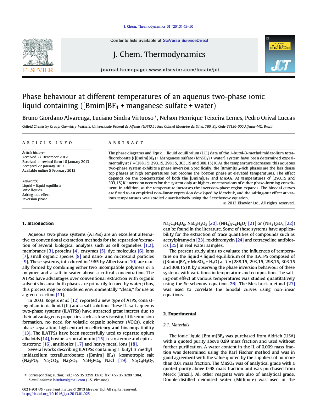 Phase behaviour at different temperatures of an aqueous two-phase ionic liquid containing ([Bmim]BF4Â +Â manganese sulfateÂ +Â water)