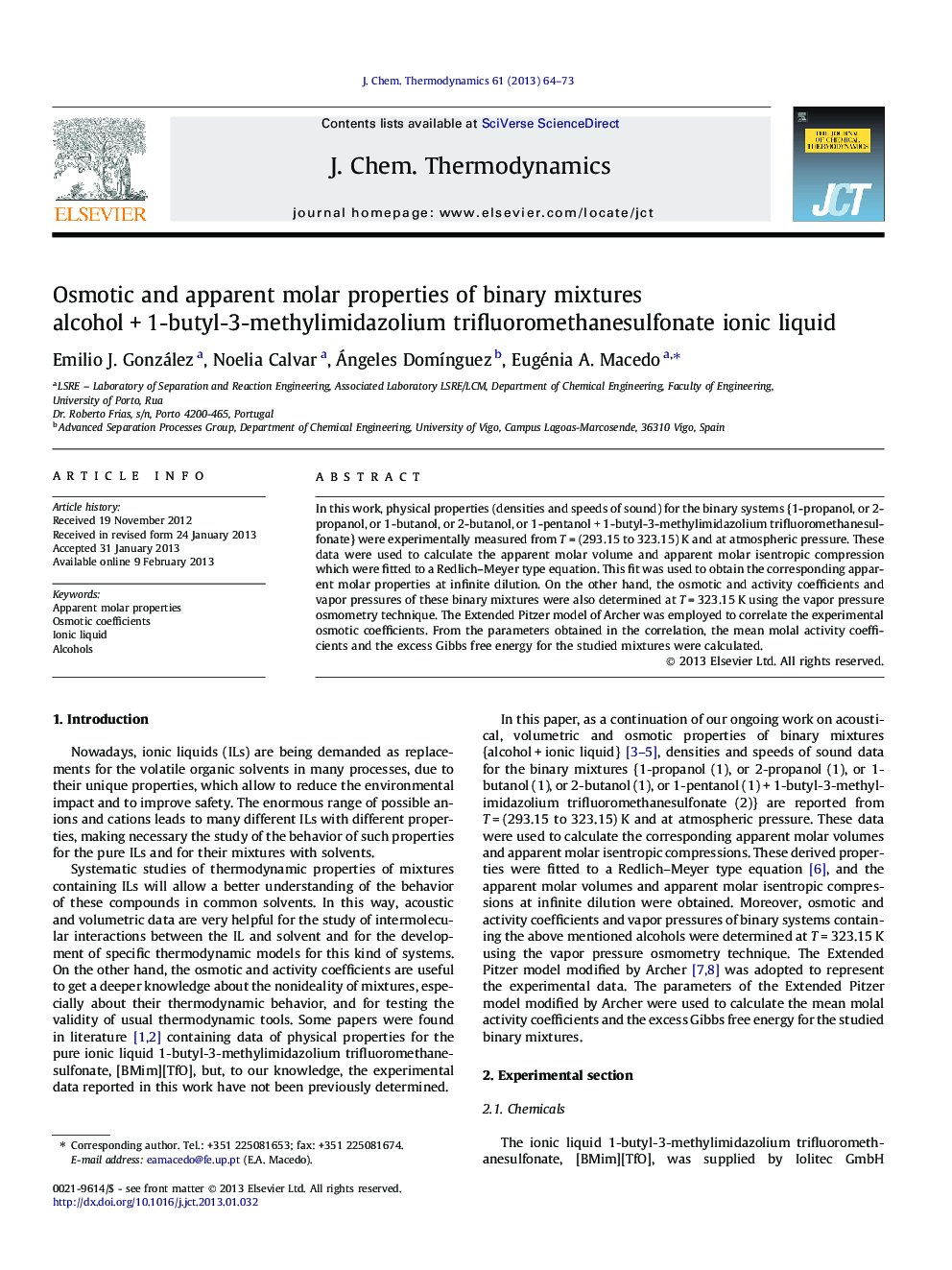 Osmotic and apparent molar properties of binary mixtures alcoholÂ +Â 1-butyl-3-methylimidazolium trifluoromethanesulfonate ionic liquid